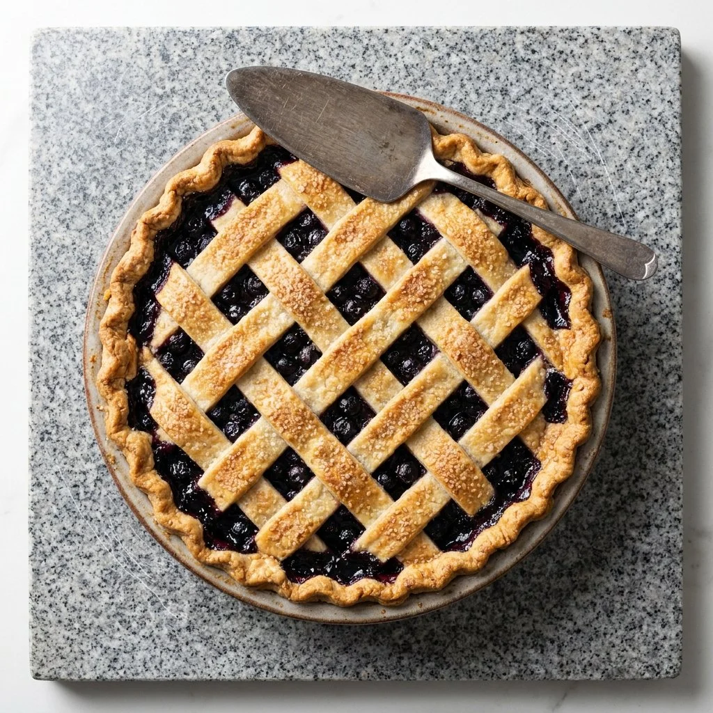 Classic blueberry pie topped with crispy oats, served on a rustic plate.