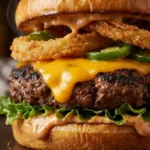Delicious Cowboy Burger topped with grilled pickles and crispy onion straws