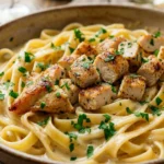 Creamy cottage cheese chicken alfredo served in a bowl with fresh herbs