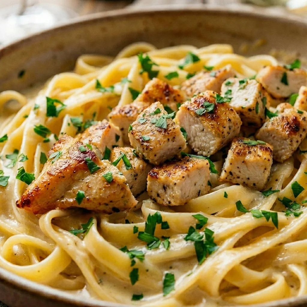 Creamy cottage cheese chicken alfredo served in a bowl with fresh herbs