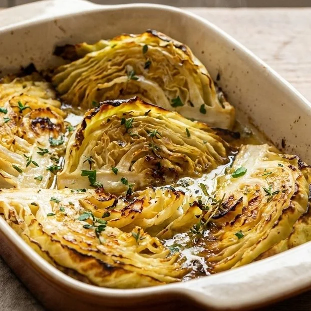 Creamy garlic butter baked cabbage served as a delicious side dish