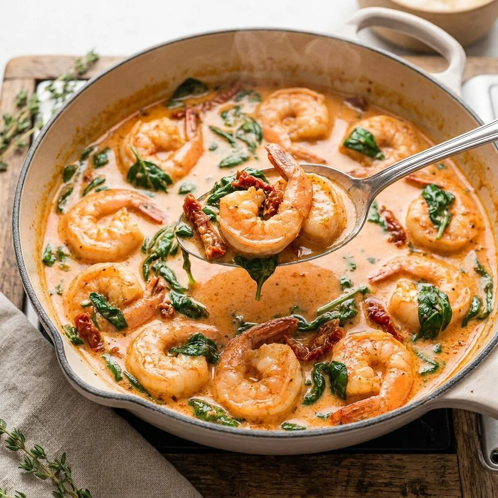 Delicious creamy garlic butter Tuscan shrimp served in a bowl