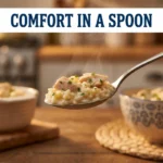 Creamy high protein chicken and rice dish served in a bowl