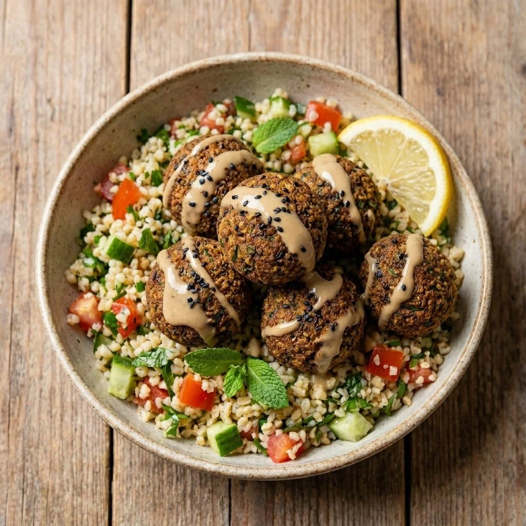 Crispy baked falafel bowls served with fresh vegetables and tahini sauce