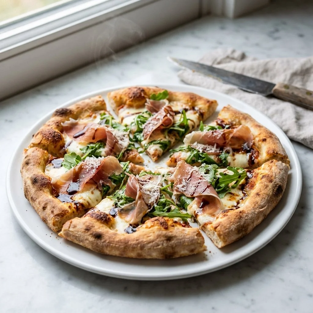 Crispy prosciutto and ricotta flatbread topped with fig jam and arugula