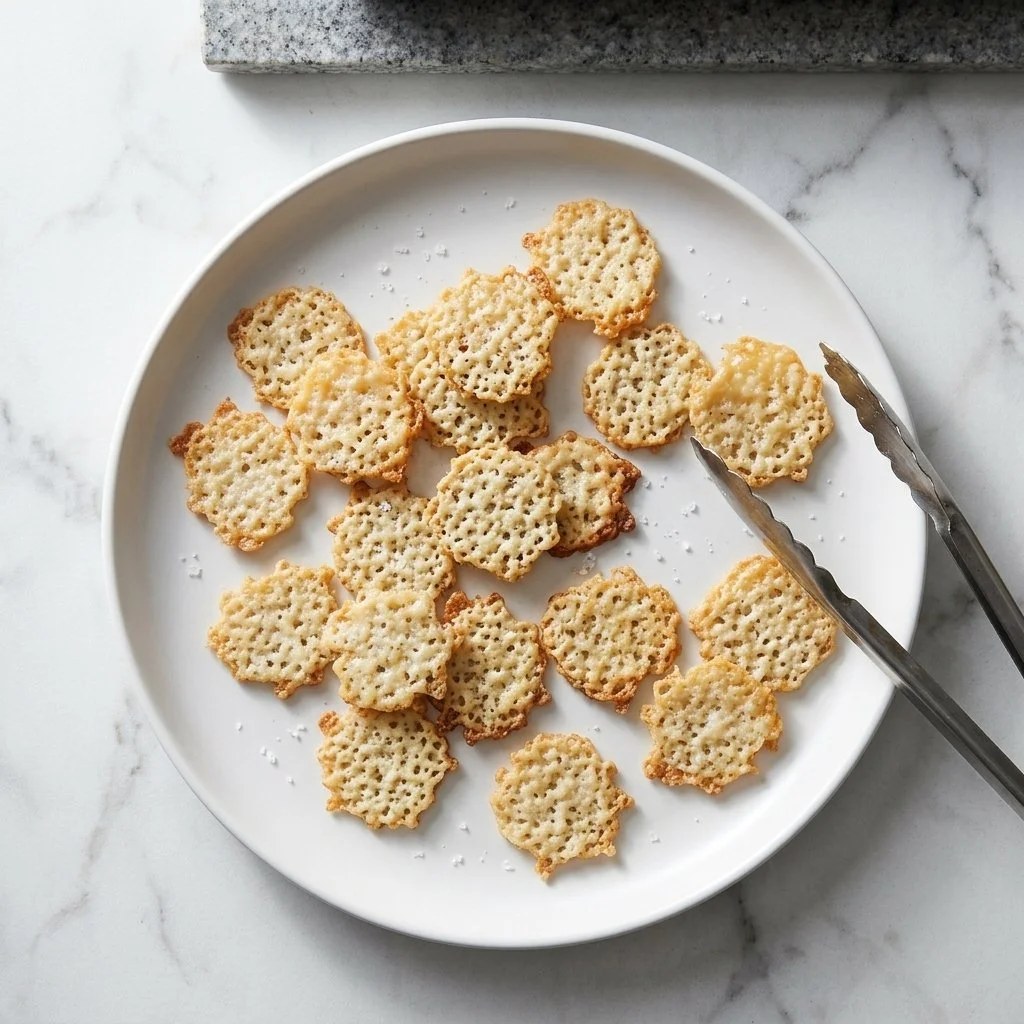 Crispy salt and vinegar cottage cheese chips on a plate, delicious and healthy snack.