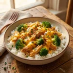 Delicious crockpot broccoli cheddar chicken served with rice