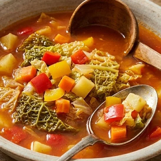 Bowl of Dutch Oven Cabbage Soup garnished with fresh herbs