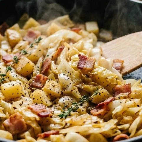 Easy fried cabbage and potatoes recipe with crispy bacon