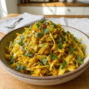 Easy Indian fried cabbage dish prepared with spices and vegetables.