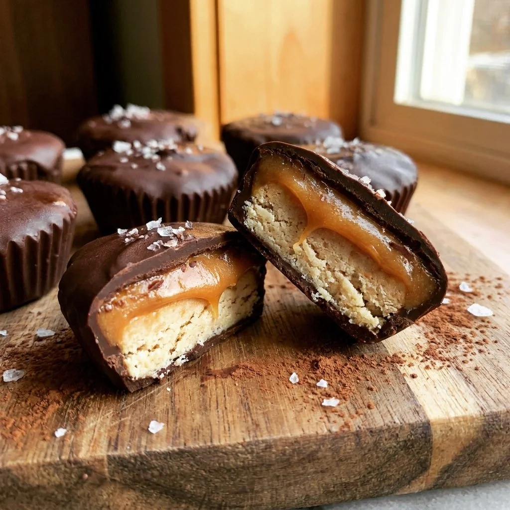 No-bake chocolate peanut butter protein cups on a plate