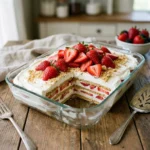 Delicious no-bake strawberry icebox cake topped with fresh strawberries.