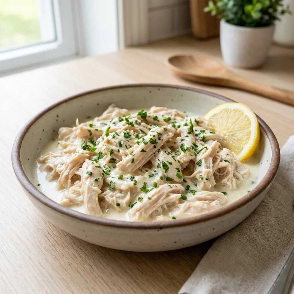 Easy slow cooker chicken dish with Greek yogurt marinade served on a plate
