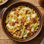 Plate of fried cabbage and noodles topped with seasonings