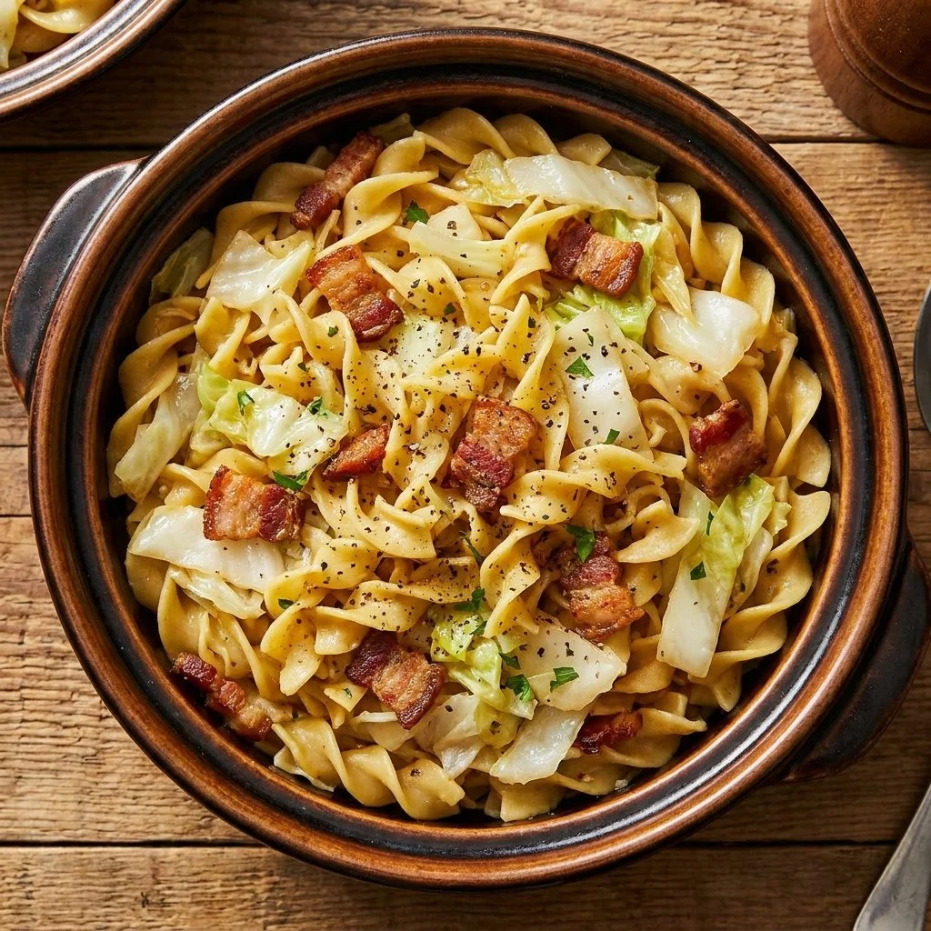 Plate of fried cabbage and noodles topped with seasonings