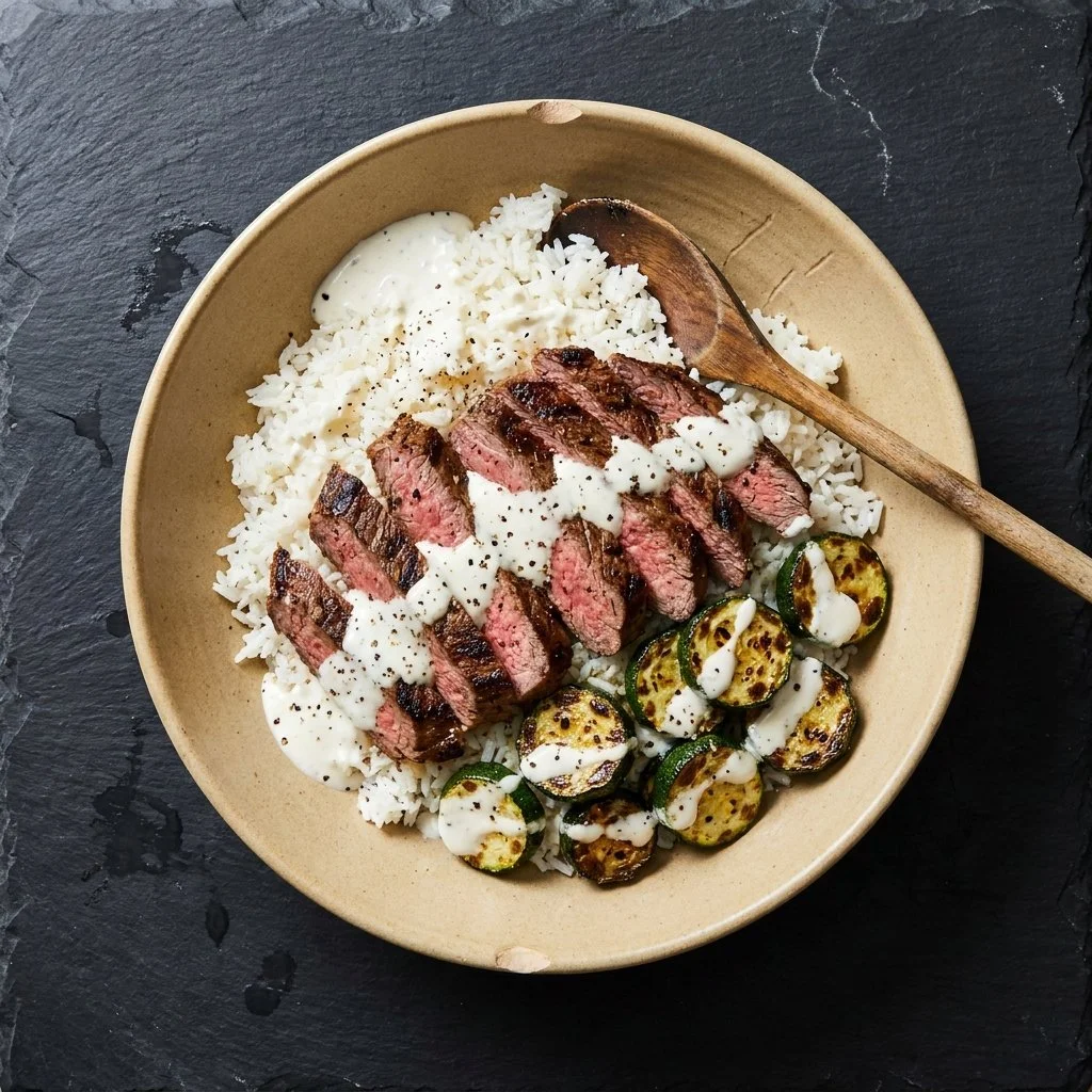 Grilled flank steak bowl with zucchini and creamy sauce served in a dish