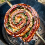 Grilled flank steak pinwheels served on a platter with fresh herbs