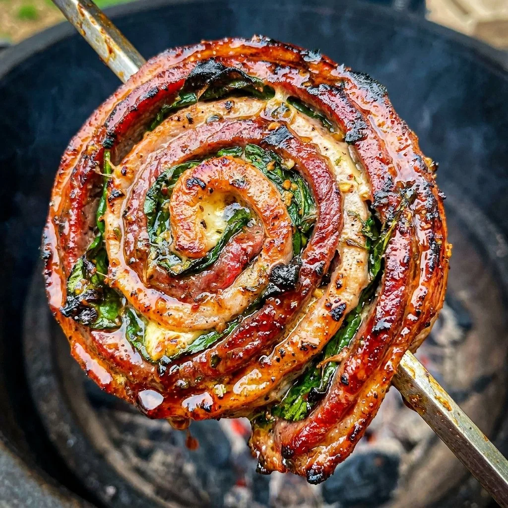 Grilled flank steak pinwheels served on a platter with fresh herbs