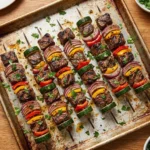 Grilled steak kabobs with colorful veggies and marinade on a skewer