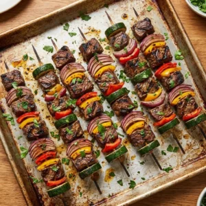 Grilled steak kabobs with colorful veggies and marinade on a skewer