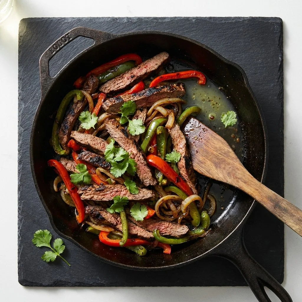 Delicious grilled steak fajitas served with colorful peppers and onions