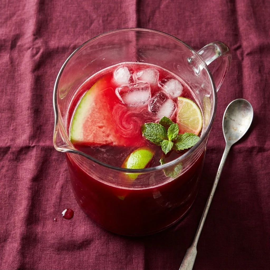 Refreshing Hibiscus Watermelon Fresh Water in a glass with ice and mint leaves