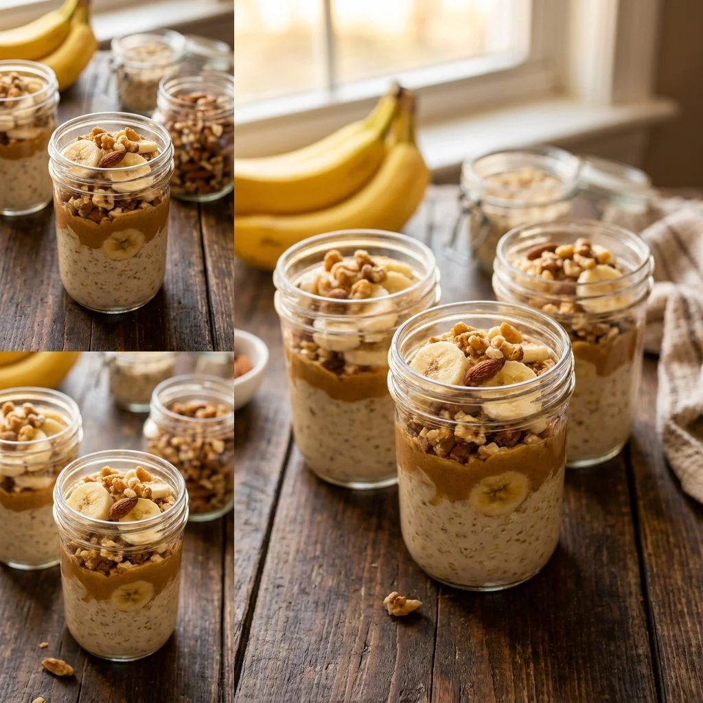 High-protein peanut butter banana overnight oats in a bowl with banana slices.