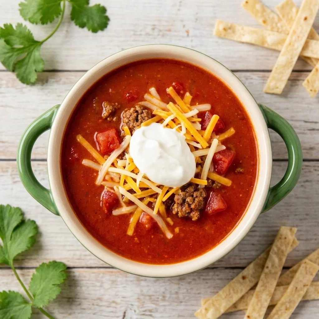 A bowl of high protein taco soup with fresh toppings and cilantro garnish