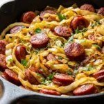 Creamy Instant Pot sausage risotto served with garnished herbs.