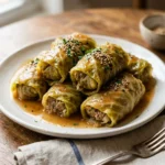 Delicious Napa cabbage rolls ready to serve, garnished with herbs.