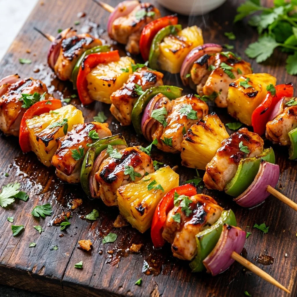 Grilled chicken kabobs with pineapple on skewers