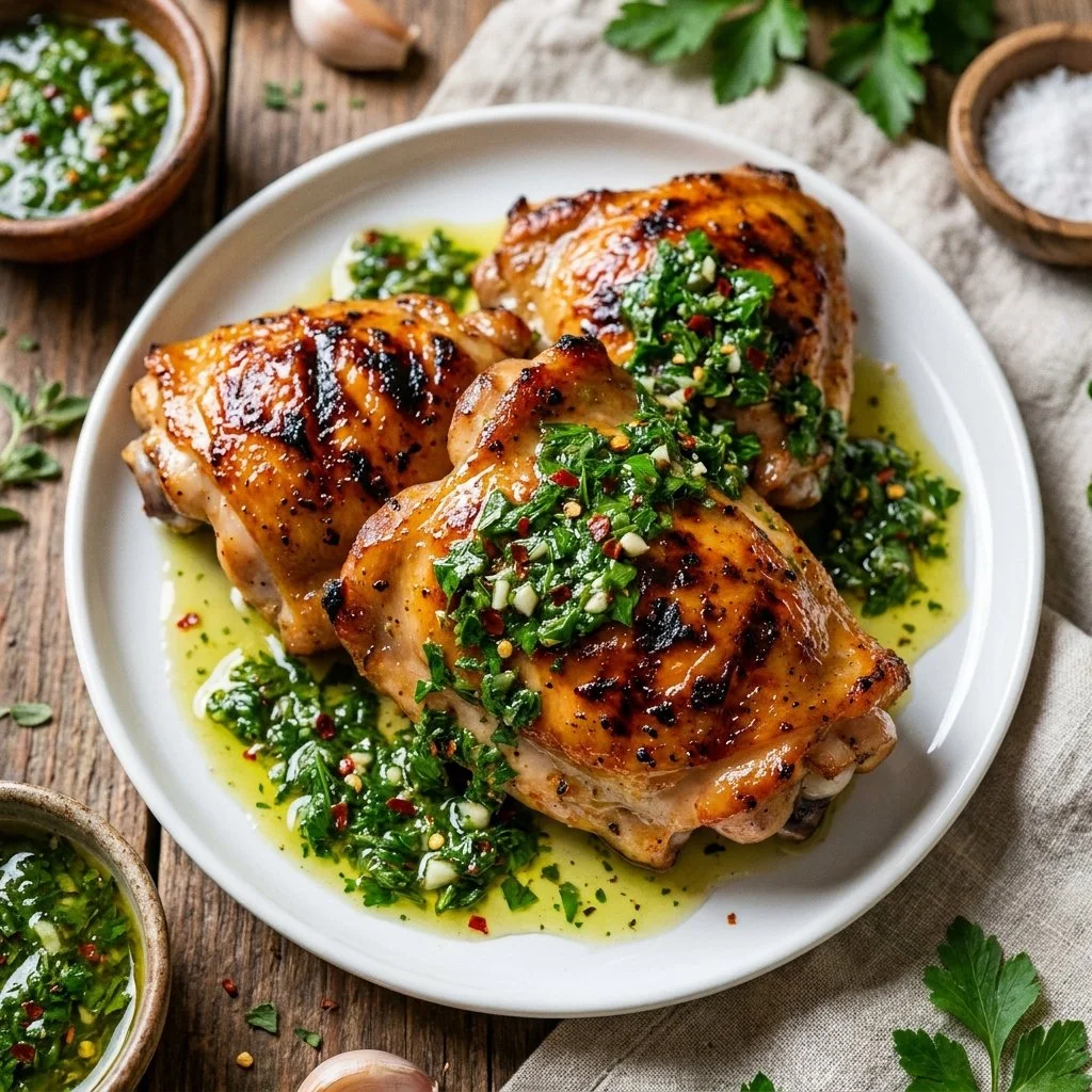 Juicy chimichurri chicken thighs on a grill with fresh herbs.