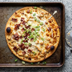 Keto Chicken Bacon Ranch Pizza topped with chicken, bacon, and ranch dressing.