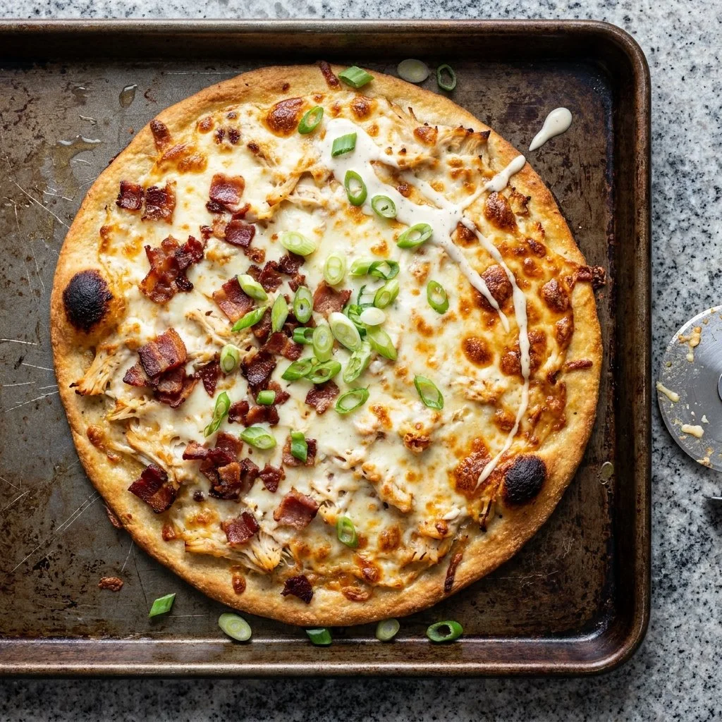 Keto Chicken Bacon Ranch Pizza topped with chicken, bacon, and ranch dressing.