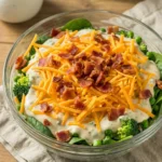 A colorful Keto Layered Overnight Salad with fresh vegetables and creamy dressing