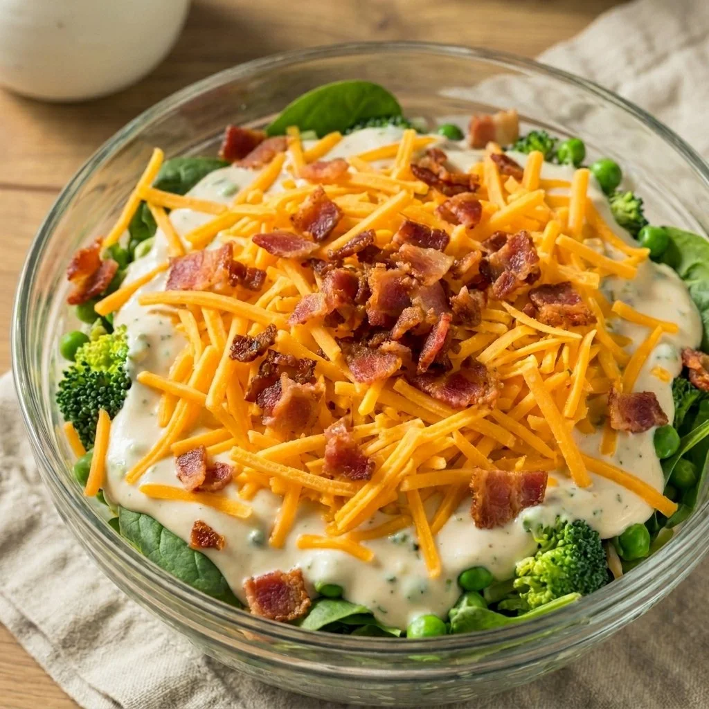 A colorful Keto Layered Overnight Salad with fresh vegetables and creamy dressing