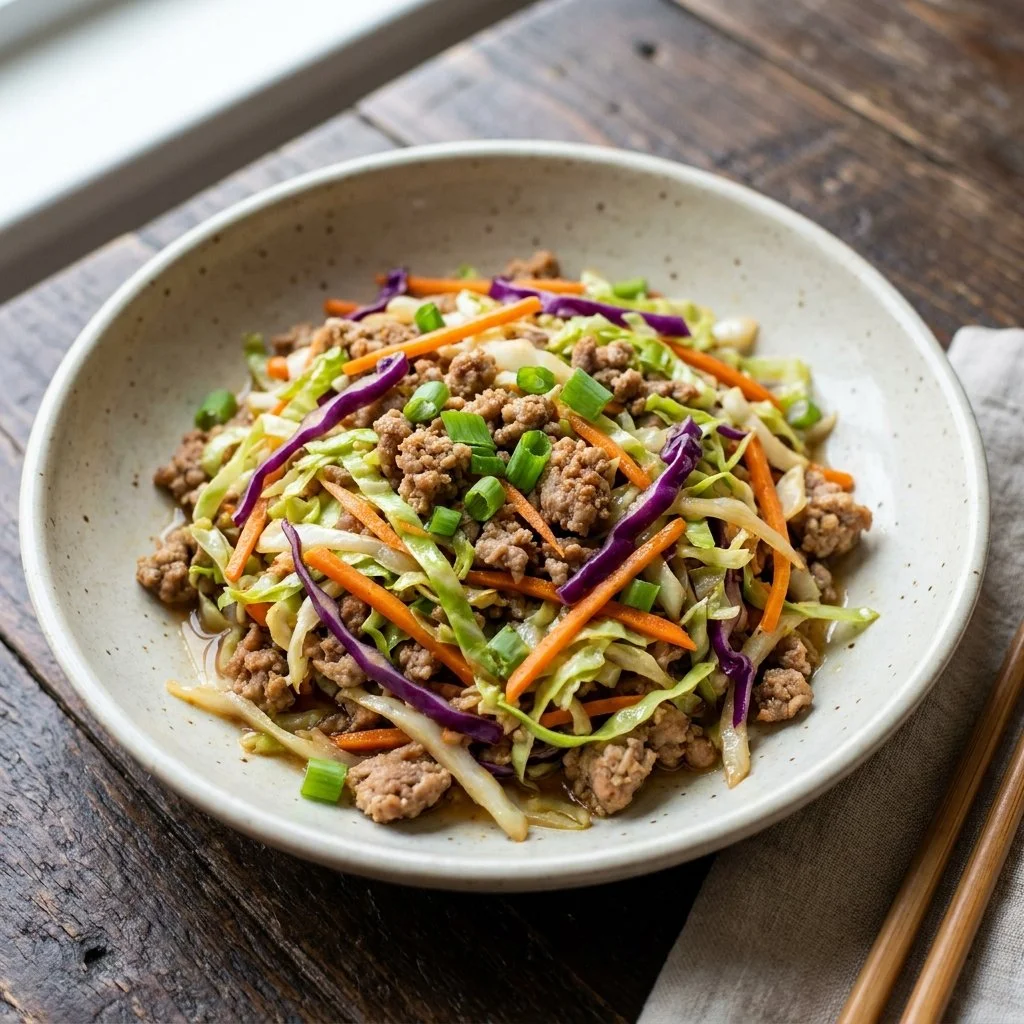 Low calorie egg roll in a bowl with fresh vegetables and protein