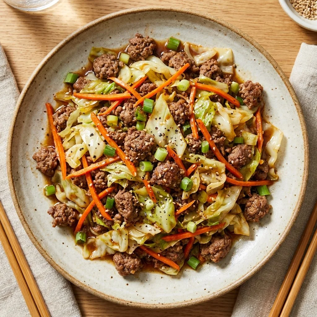 Delicious Low-Carb Mongolian Ground Beef and Cabbage recipe in a bowl