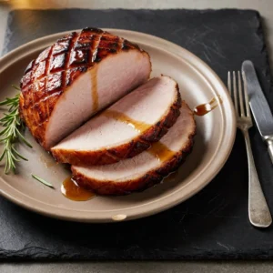 Maple Bourbon Glazed Grilled Ham on the grill for a delicious, savory dish