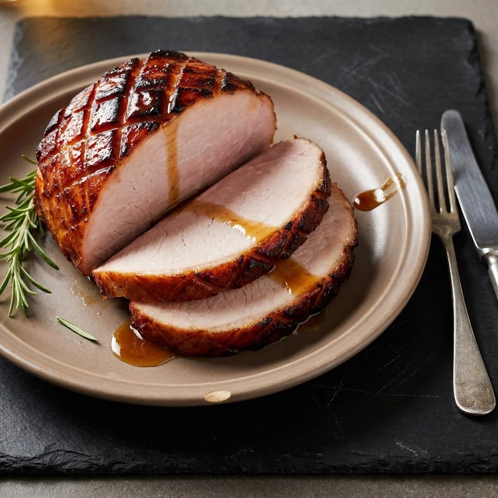 Maple Bourbon Glazed Grilled Ham on the grill for a delicious, savory dish