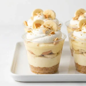 Delicious no-bake banana pudding cheesecake cups garnished with banana slices.