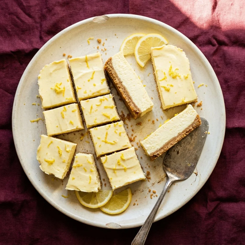 No bake lemon cheesecake bars on a white plate with fresh lemon slices