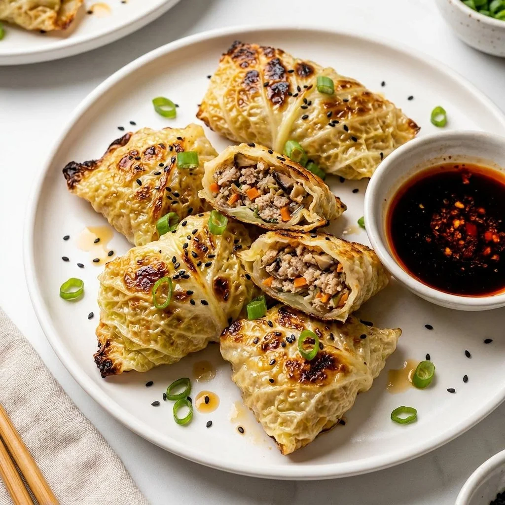 Delicious pan-fried cabbage dumplings filled with ground meat.