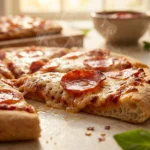 A slice of Pepperoni Pizza on a healthy protein crust, garnished with fresh herbs.