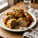 Polish stuffed cabbage rolls with beef and rice on a plate
