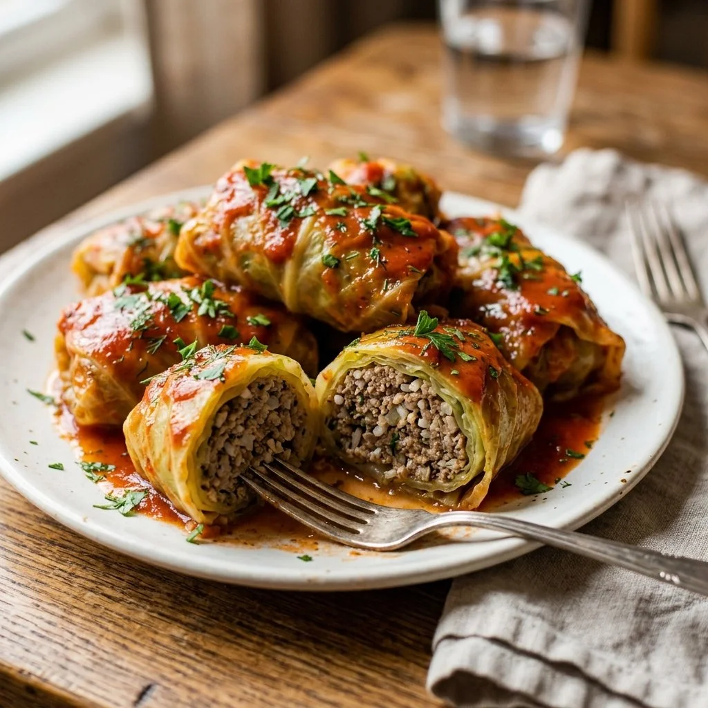 Polish stuffed cabbage rolls with beef and rice on a plate