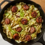 Quick fried cabbage with sausage dish served in a frying pan.