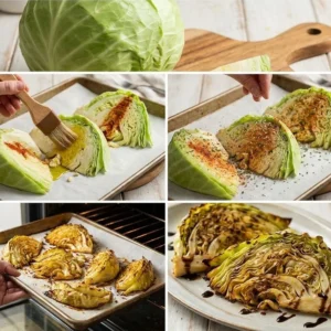 Delicious roasted cabbage steaks on a plate, garnished and ready to serve.