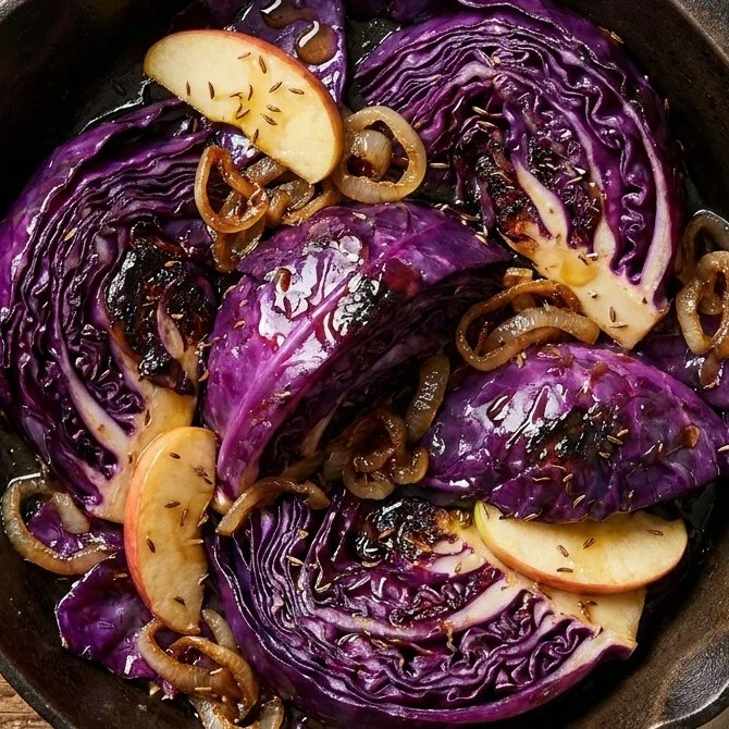 Sautéed red cabbage cooked with spices and served in a skillet