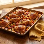 Sheet pan honey mustard chicken thighs with colorful veggies ready to serve.